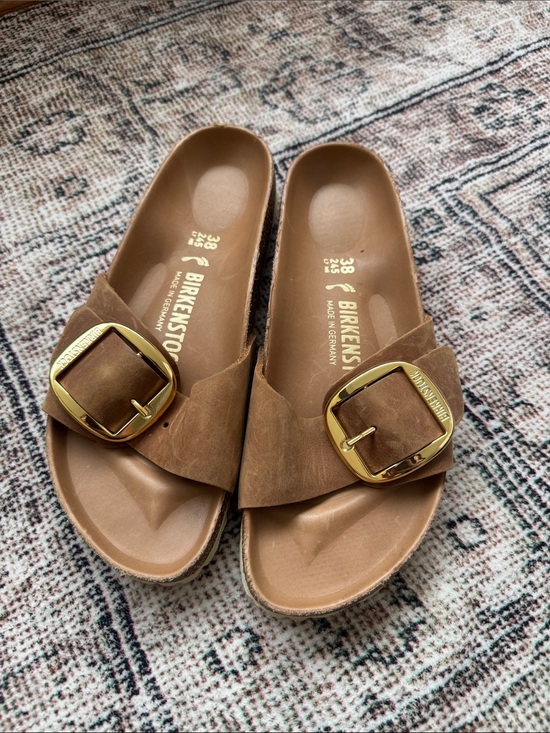 Birkenstock Shoes - Birkenstock Madrid Single Buckle Slides - Tan with Gold Buckles